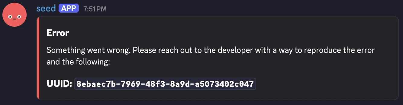 The fault card in Discord, reading Error, Something went wrong, above a copyable UUID