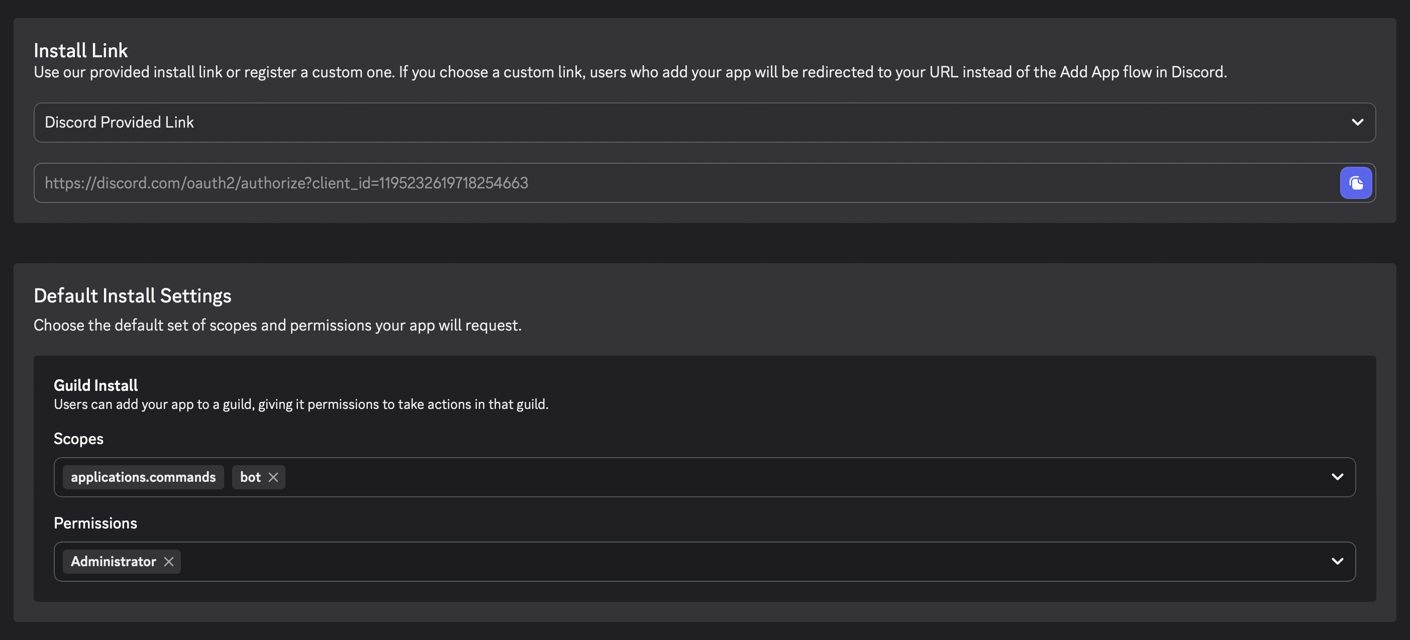 The install link and the default scopes and permissions
