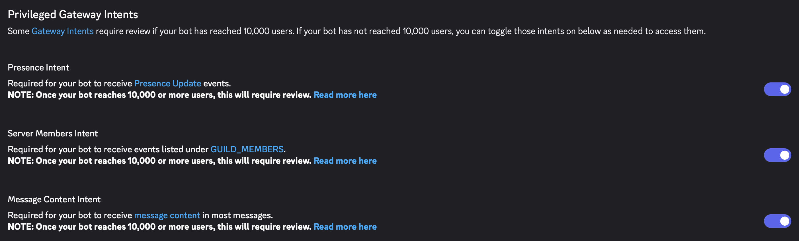 The three privileged gateway intent switches on the Bot page