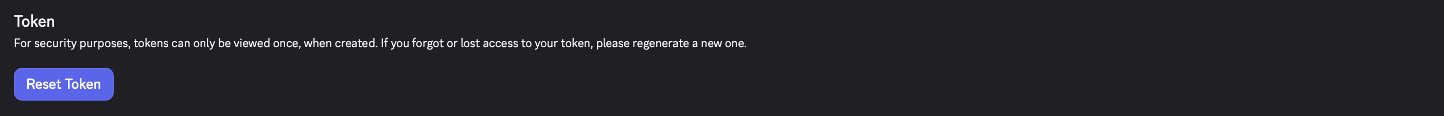 The Token block on the Bot page, with a Reset Token button